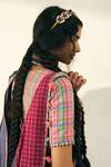 Swatti Kapoor_Pink Handloom Cotton Beads V-neck Tony Checkered Blouse _Online_at_Aza_Fashions