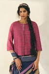 Buy_Swatti Kapoor_Multi Color Handloom Cotton Beads Round Neck, Oscar Checkered Handwoven Blouse _at_Aza_Fashions