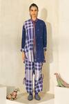 Shop_Swatti Kapoor_Blue Cotton Embroidery, Beads, Tassels Collared Peter Checkered Pant Set _Online_at_Aza_Fashions