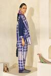 Swatti Kapoor_Blue Cotton Embroidery, Beads, Tassels Collared Peter Checkered Pant Set _at_Aza_Fashions