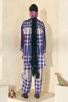 Swatti Kapoor_Blue Cotton Embroidery, Beads, Tassels Collared Peter Checkered Pant Set _Online_at_Aza_Fashions