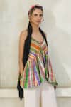 Swatti Kapoor_Multi Color Cotton Tassels, Pom-poms V-neck Gigi Checkered Top _Online_at_Aza_Fashions
