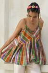 Buy_Swatti Kapoor_Multi Color Cotton Tassels, Pom-poms V-neck Gigi Checkered Top 