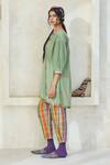 Swatti Kapoor_Green Handloom Cotton Beads, Tassels V-neck Mili Checkered Tunic _Online_at_Aza_Fashions