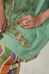 Swatti Kapoor_Green Cotton Embroidery, Beads, Tassels V-neck Mili Checkered Kurta Pant Set _at_Aza_Fashions
