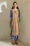 Swatti Kapoor_Multi Color Cotton Tassels Round Neck Kim Checkered Kurta Pant Set _Online_at_Aza_Fashions