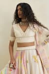 Swatti Kapoor_Off White Silk Organza, Chanderi, Cotton Tassels, Beads V-neck Zuri V Top _at_Aza_Fashions