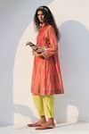 Buy_Swatti Kapoor_Coral Chanderi, Cotton Embroidery, Tassels Collared Sia Handwoven Kurta Pant Set _Online_at_Aza_Fashions