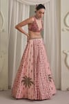 Shop_Payal & Zinal_Pink Net Beads, Zari V-neck Printed Freezy Twill Blouse And Lehenga Set 