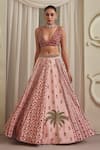 Buy_Payal & Zinal_Pink Net Beads, Zari V-neck Printed Freezy Twill Blouse And Lehenga Set _at_Aza_Fashions