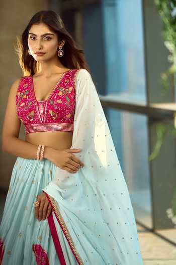 Buy_Samyukta Singhania_Blue Silk, Viscose Sequins, Zari, Stones, Gota Patti Floral Pattern Lehenga Set _Online_at_Aza_Fashions
