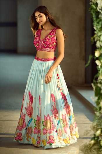 Shop_Samyukta Singhania_Blue Silk, Viscose Sequins, Zari, Stones, Gota Patti Floral Pattern Lehenga Set _Online_at_Aza_Fashions