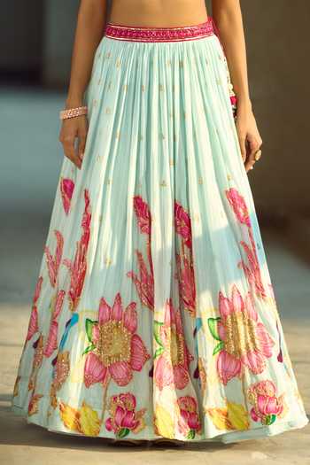 Samyukta Singhania_Blue Silk, Viscose Sequins, Zari, Stones, Gota Patti Floral Pattern Lehenga Set _at_Aza_Fashions