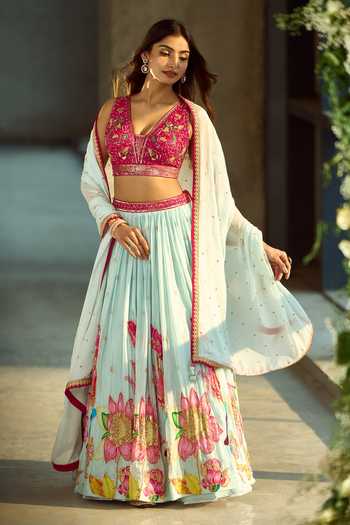 Shop_Samyukta Singhania_Blue Silk, Viscose Sequins, Zari, Stones, Gota Patti Floral Pattern Lehenga Set 