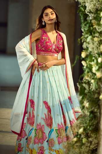 Buy_Samyukta Singhania_Blue Silk, Viscose Sequins, Zari, Stones, Gota Patti Floral Pattern Lehenga Set _at_Aza_Fashions
