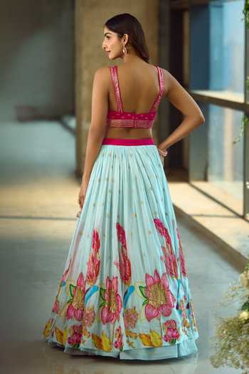 Samyukta Singhania_Blue Silk, Viscose Sequins, Zari, Stones, Gota Patti Floral Pattern Lehenga Set _Online_at_Aza_Fashions