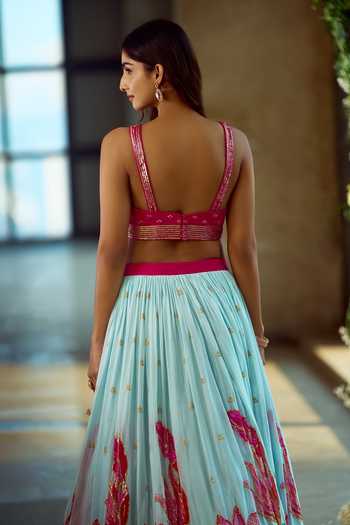 Samyukta Singhania_Blue Silk, Viscose Sequins, Zari, Stones, Gota Patti Floral Pattern Lehenga Set _Online