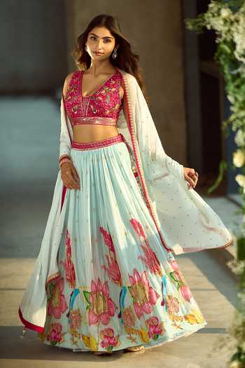 Samyukta Singhania_Blue Silk, Viscose Sequins, Zari, Stones, Gota Patti Floral Pattern Lehenga Set 