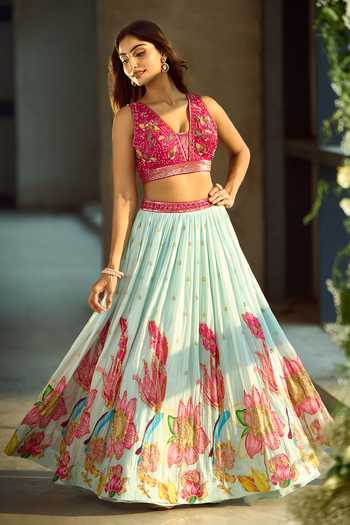 Samyukta Singhania_Blue Silk, Viscose Sequins, Zari, Stones, Gota Patti Floral Pattern Lehenga Set 