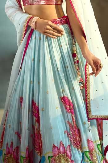 Samyukta Singhania_Blue Silk, Viscose Sequins, Zari, Stones, Gota Patti Floral Pattern Lehenga Set 