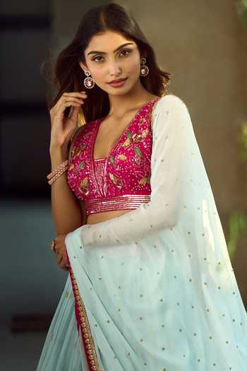 Samyukta Singhania_Blue Silk, Viscose Sequins, Zari, Stones, Gota Patti Floral Pattern Lehenga Set 