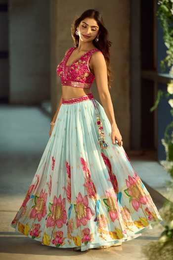 Samyukta Singhania_Blue Silk, Viscose Sequins, Zari, Stones, Gota Patti Floral Pattern Lehenga Set 