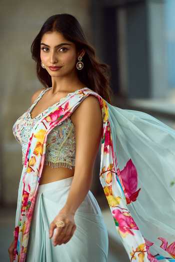 Shop_Samyukta Singhania_Blue Viscose, Silk Beads, Tassels Sweetheart Floral Pattern Pre-draped Saree Set _Online_at_Aza_Fashions
