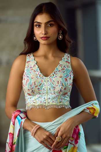 Samyukta Singhania_Blue Viscose, Silk Beads, Tassels Sweetheart Floral Pattern Pre-draped Saree Set _at_Aza_Fashions