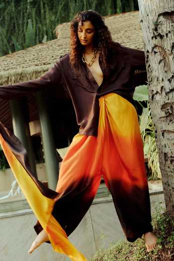 Shop_Ituvana_Multi Color Silk Collared Arka Sunset Ombre Shirt And Pant Set 