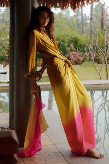 Shop_Ituvana_Green Silk Applique V-neck Shaya Dip-dye Sarong Dress _at_Aza_Fashions