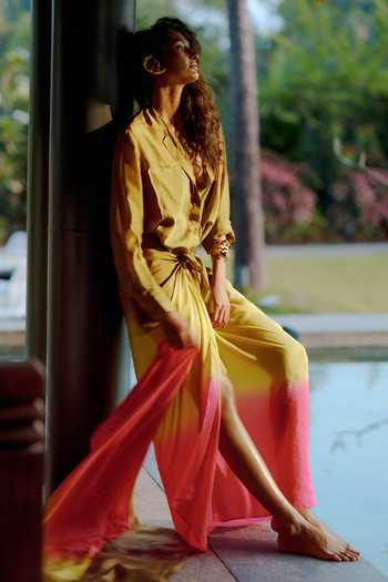 Buy_Ituvana_Green Silk Applique V-neck Shaya Dip-dye Sarong Dress _at_Aza_Fashions