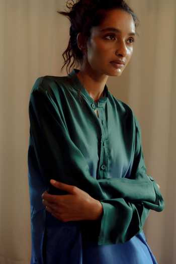 Ituvana_Blue Silk Applique Nira Ocean Habutai Kurta And Palazzo Set _Online_at_Aza_Fashions