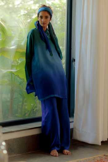 Buy_Ituvana_Blue Silk Applique Nira Ocean Habutai Kurta And Palazzo Set _at_Aza_Fashions