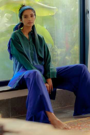 Shop_Ituvana_Blue Silk Applique Nira Ocean Habutai Kurta And Palazzo Set _Online_at_Aza_Fashions