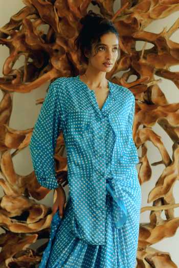 Ituvana_Blue Silk Applique Split V-neck Akasha Bandhani Sarong Gaaji Shirt Dress _Online_at_Aza_Fashions
