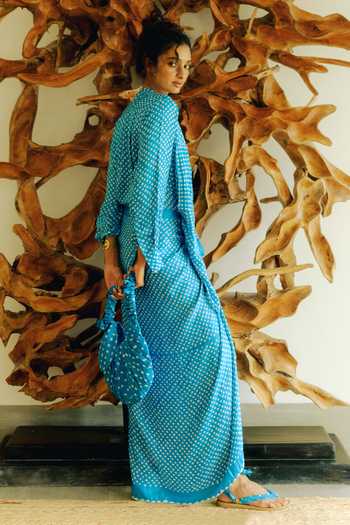 Shop_Ituvana_Blue Silk Applique Split V-neck Akasha Bandhani Sarong Gaaji Shirt Dress _at_Aza_Fashions