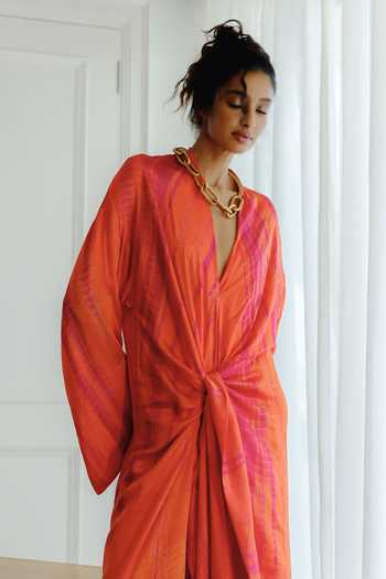 Shop_Ituvana_Orange Satin, Silk Plunge Neck Kanti Tie-dye Maxi Robe Dress _at_Aza_Fashions