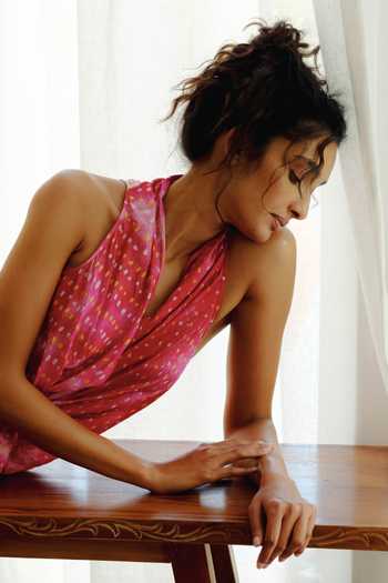 Shop_Ituvana_Pink Silk Plunge Neck Antara Bandhani Gaaji Dress _Online_at_Aza_Fashions