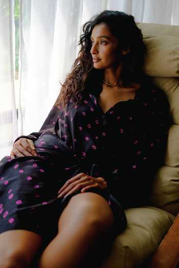 Shop_Ituvana_Black Silk Satin Button-down Neck Nisha Bandhani Sarong Dress _at_Aza_Fashions
