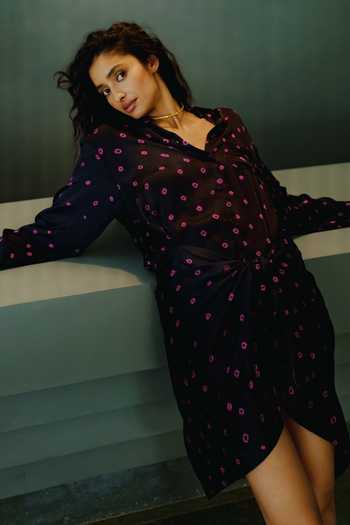 Buy_Ituvana_Black Silk Satin Button-down Neck Nisha Bandhani Sarong Dress _at_Aza_Fashions
