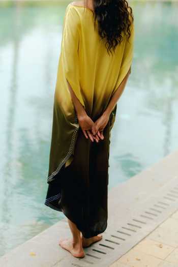 Ituvana_Green Silk, Satin Embroidery Round Neck Ira Ombre Dress _Online_at_Aza_Fashions