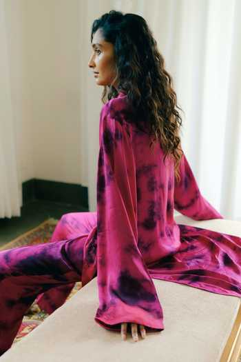 Shop_Ituvana_Purple Silk Satin Collared Liya Tie Dye Shirt And Pant Set _at_Aza_Fashions