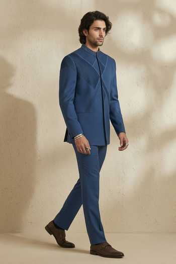 Buy_Bubber Couture_Blue Wool Embroidery Prism Pintuck Bandhgala Set _Online_at_Aza_Fashions