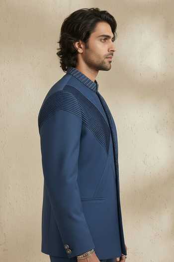Shop_Bubber Couture_Blue Wool Embroidery Prism Pintuck Bandhgala Set _Online_at_Aza_Fashions