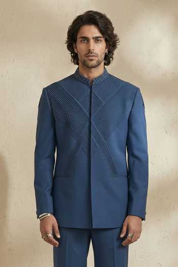 Bubber Couture_Blue Wool Embroidery Prism Pintuck Bandhgala Set _at_Aza_Fashions