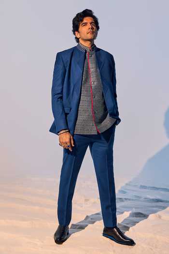 Shop_Bubber Couture_Blue Wool Embroidery Prism Pintuck Bandhgala Set _at_Aza_Fashions