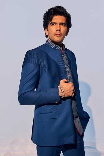 Buy_Bubber Couture_Blue Wool Embroidery Prism Pintuck Bandhgala Set 