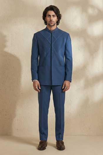 Shop_Bubber Couture_Blue Wool Embroidery Prism Pintuck Bandhgala Set 