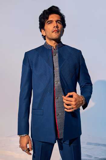 Bubber Couture_Blue Wool Embroidery Prism Pintuck Bandhgala Set _Online