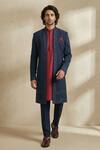 Shop_Bubber Couture_Blue Crepe, Wool Embroidery Nexa Layered Sherwani _at_Aza_Fashions